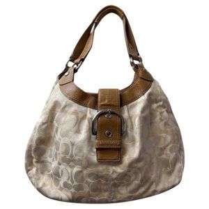 COACH Large White Tan Jacquard Fabric Tote Bag
